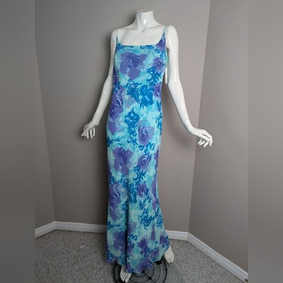 Vintage 90s Floral Maxi Dress Women’s Blue  Purple Beaded Bias Cut 10/12 - Picture 1 of 12